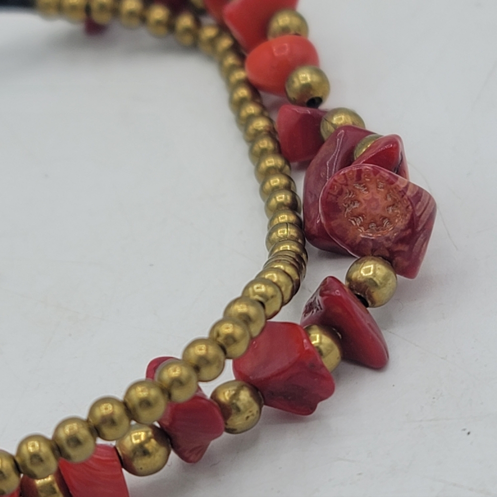 Coral Color Red Stone Chip Anklet Double Strand Gold Tone Beads Jingle Bells 11" - Picture 7 of 11